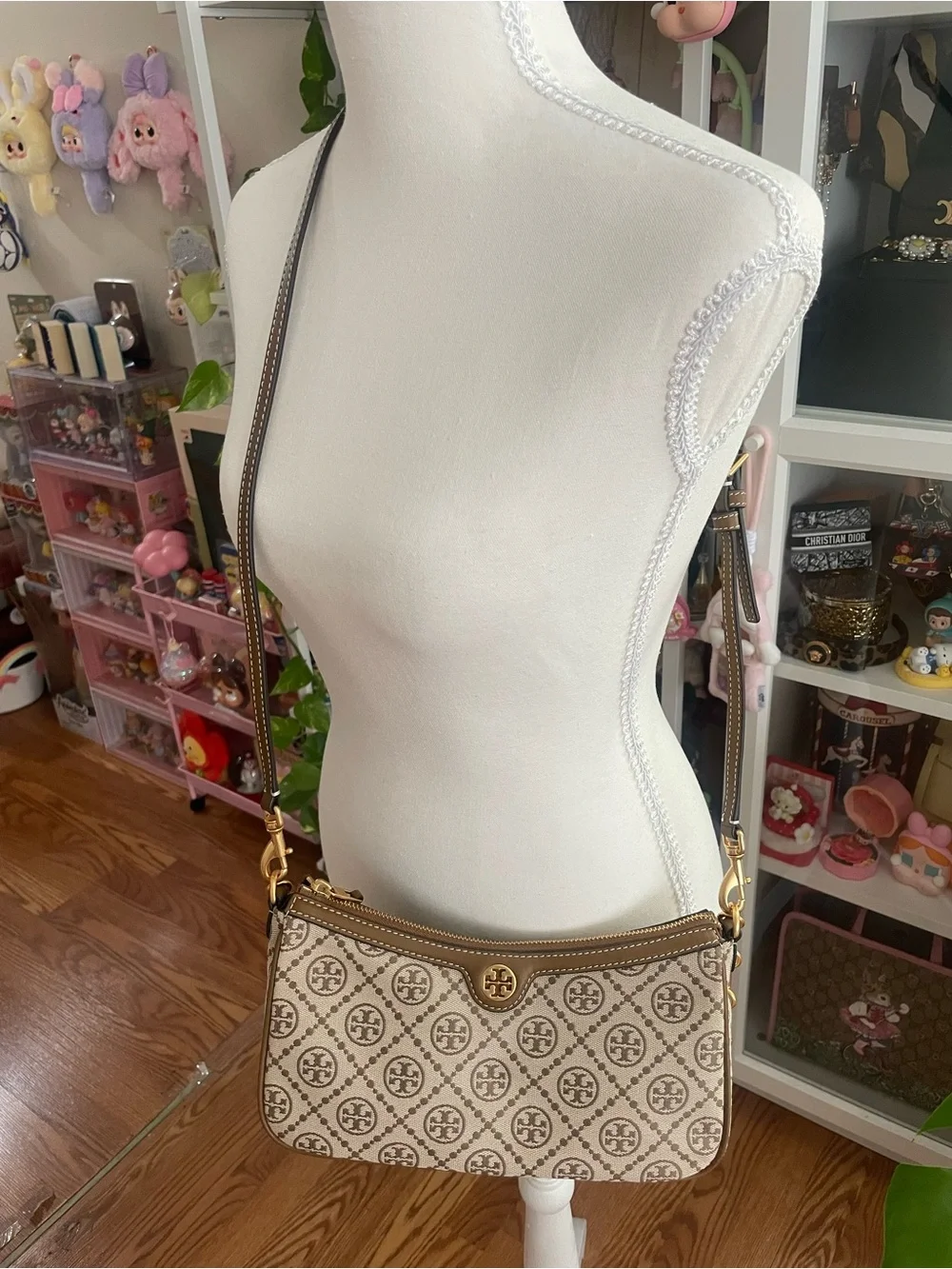 Tory Burch T Monogram Jacquard Shoulder Crossbody Bag Brown Gold